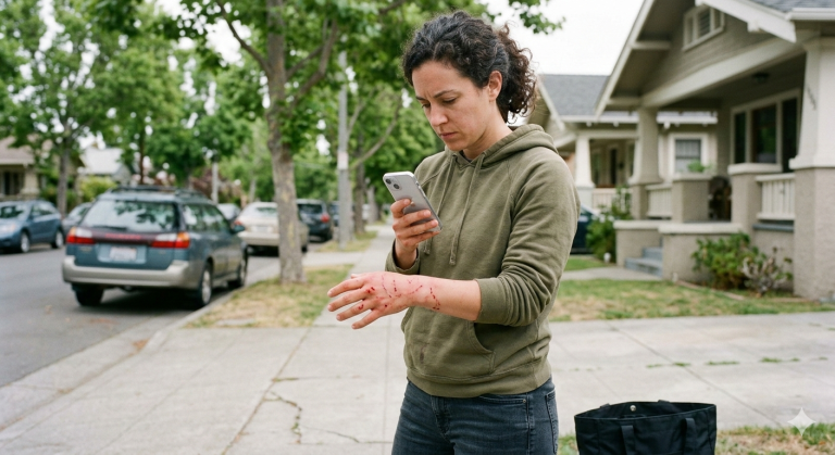 A woman in a green hoodie stands on a sidewalk, using her smartphone to take a close-up photo of a fresh, bloody injury on the back of her other hand