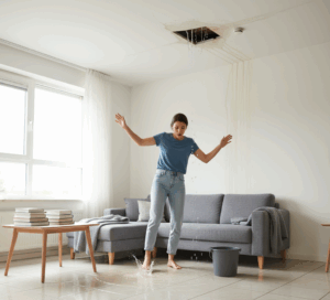 A shocked young woman stands barefoot in her flooded living room as water pours from a hole in the ceiling. A water bucket on the floor next to her is collecting some of the water.