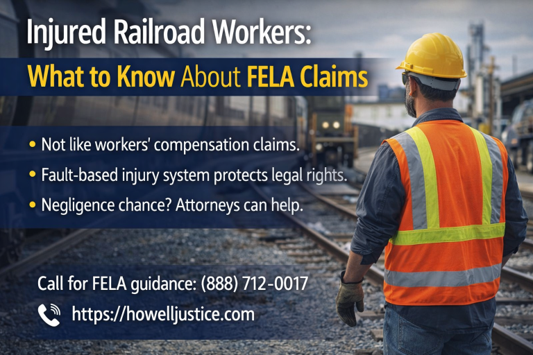 Railroad worker in safety vest standing near train tracks representing Federal Employers Liability Act FELA injury claims