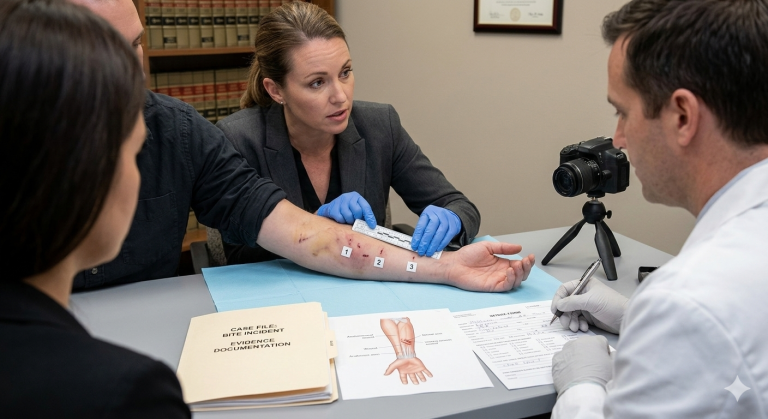 A scene in a law office where a female lawyer in a suit and a medical professional in a lab coat, both wearing blue gloves, are examining and documenting small bite wounds on a man's forearm. A ruler is placed next to the wounds, and a camera on a tripod, an anatomical diagram of a hand, and a manila folder labeled "CASE FILE: BITE INCIDENT EVIDENCE DOCUMENTATION" are visible on the desk. Other people are seated around the table, and law books line the background shelves.